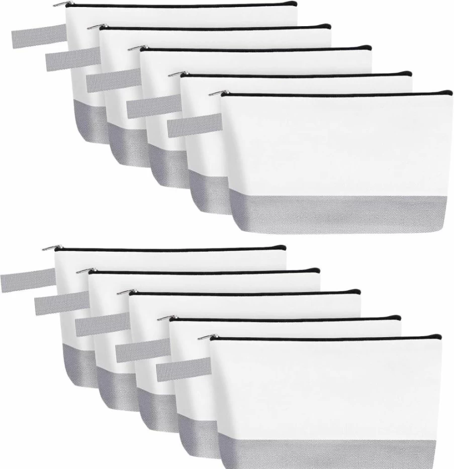 Sinzip 10-Pack Medium White Cotton Canvas Makeup Bags - Blank DIY Zippered Cosmetic Pouches for Travel, Toiletries, Pencils & Crafts (Mn-Wb07)