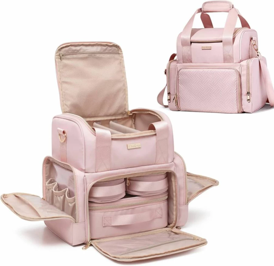 Prokva Large Pink Travel Makeup Bag with 3 Removable Cases, Double Layer Cosmetic Organizer with Brush Storage & Dividers (Patented Design)