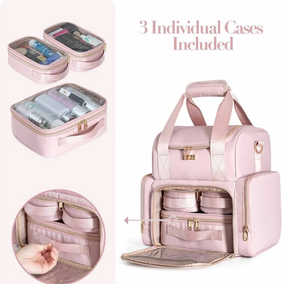 Prokva Large Pink Travel Makeup Bag with 3 Removable Cases, Double Layer Cosmetic Organizer with Brush Storage & Dividers (Patented Design)