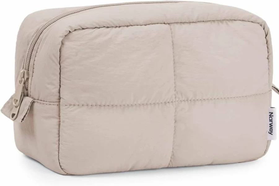 Narwey Quilted Puffer Makeup Bag for Women - Cute Travel Cosmetic Organizer & Toiletry Pouch in Khaki