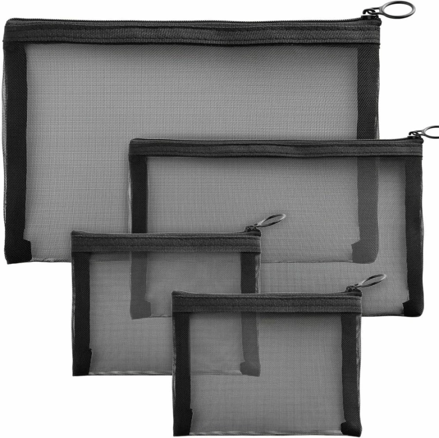 Glamlily 4-Piece Mesh Makeup Pouch Set - Travel Cosmetic Organizer with Zipper (Black, 3 Sizes) for Toiletries & Beauty Essentials