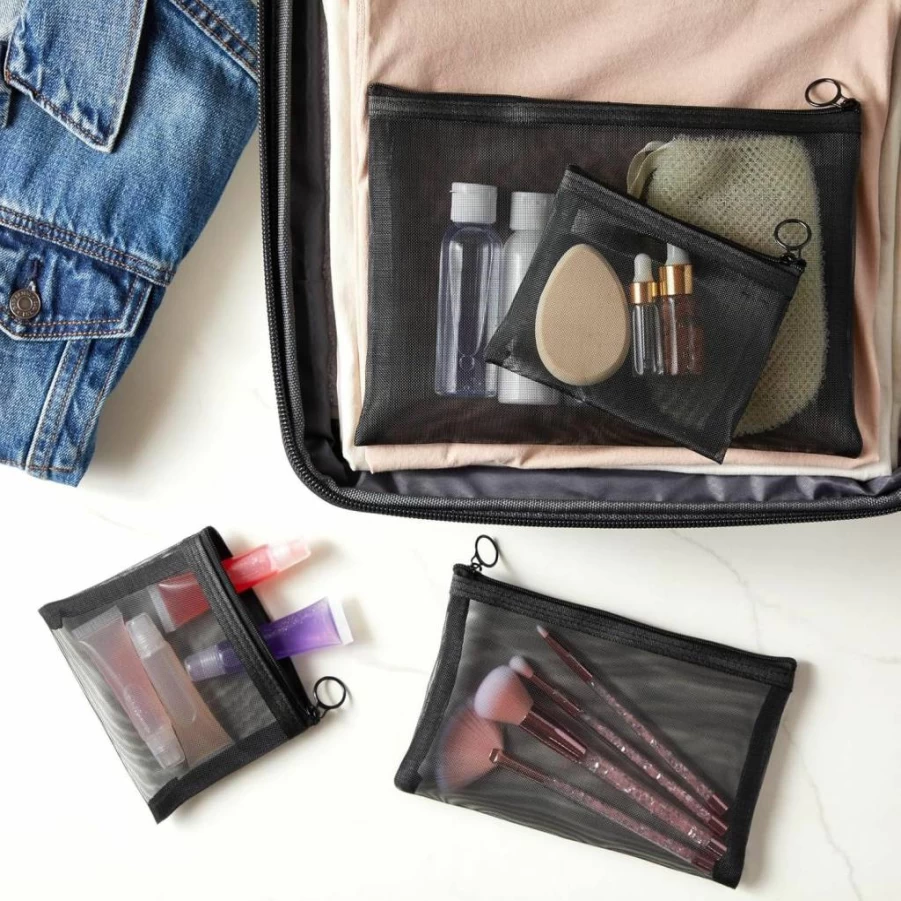 Glamlily 4-Piece Mesh Makeup Pouch Set - Travel Cosmetic Organizer with Zipper (Black, 3 Sizes) for Toiletries & Beauty Essentials