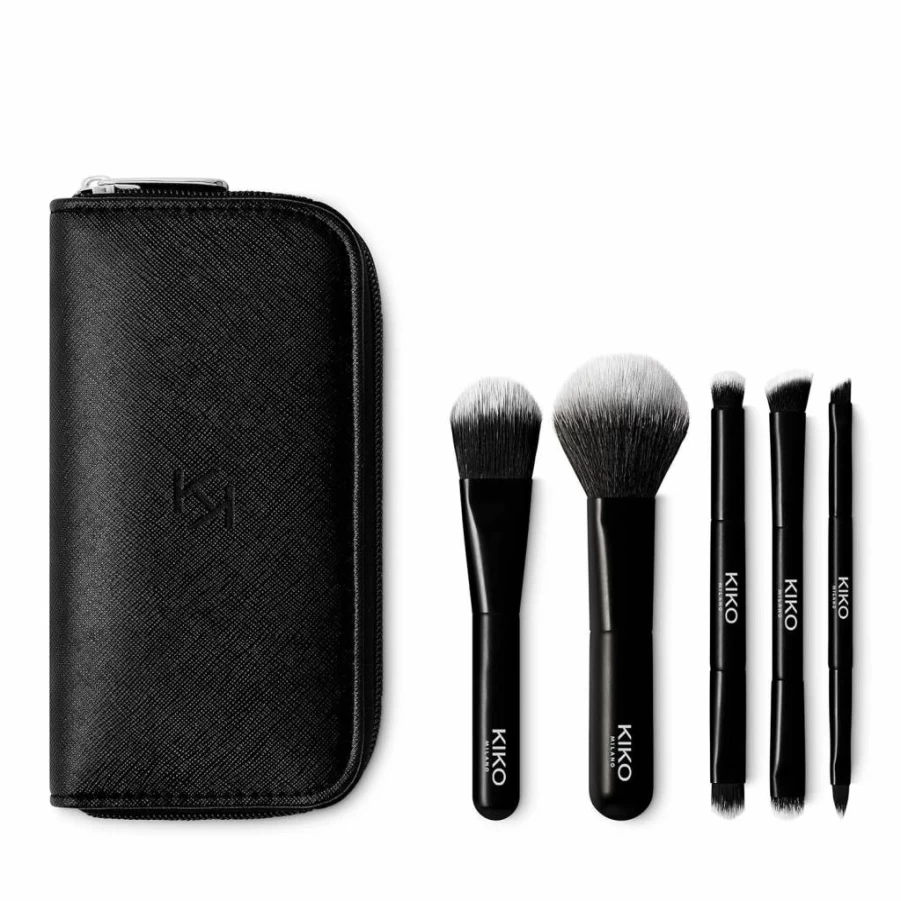 KIKO Milano Professional 5-Piece Travel Brush Set with Pouch | Makeup Brushes for On-The-Go