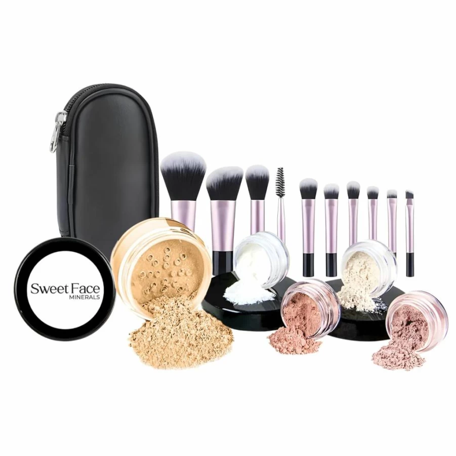 Sweet Face Minerals 16-Piece Warm Tone Mineral Makeup Kit - 10 Brushes, Loose Powder Foundation, Blush, Bronzer, SPF 30 Primer & Setting Powder, Travel Size Bare Face Cosmetics Set